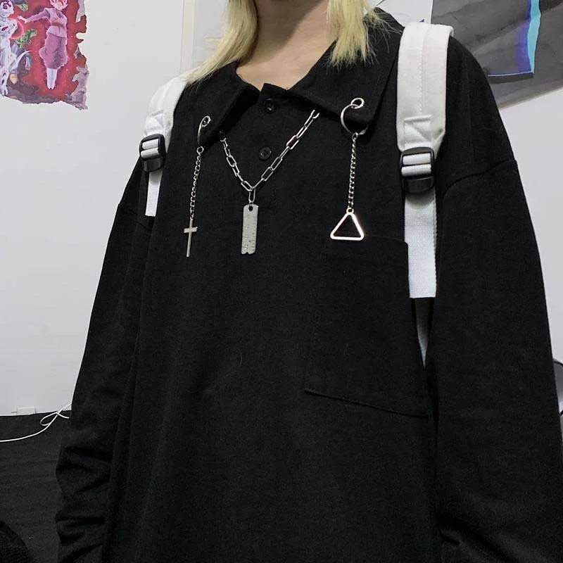 NiceMix Готический длинный рукав Femme Футболка женская одежда Harajuku Высокая уличная черные топы футболки с "друзьями" корейский Винтаж Серый Tshi - Цвет: Черный