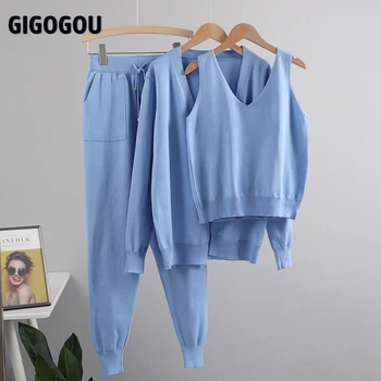 GIGOGOU Women Tracksuits Chic 3 Piece Set Costume Knitted Solid Lounge Suit Cardigan Sweater + Jogger Pants+ Sleeveless Tank Top 1
