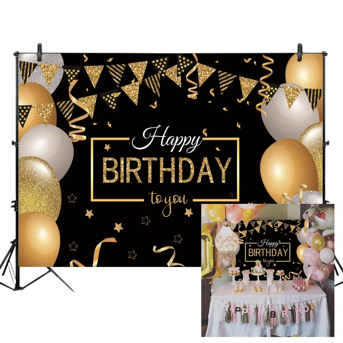 Fabric Birthday Sign Poster Banner for Birthday Party 5.9*3.28 Feet HOWAF Extra Large Happy Birthday Banner for Birthday Party Decorations Black and Gold Birthday Photo Booth Backdrop Background 