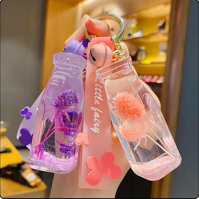 Creative Acrylic Liquid Floating Valentine Fruit Flower Key Chain For Lover Gift Cute Quicksand Sequins Keychain Bag Pendant | Украшения и