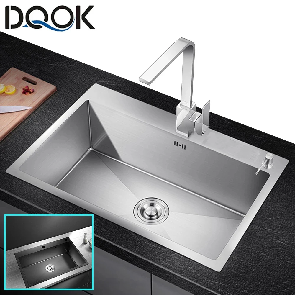 DQOK Stainless Steel Kitchen Sink Slot Dish Basin Kitchen sink Drain Basket And Drain Pip Rectangular
