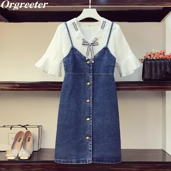 

2020 Summer New Student Casual Girls Two piece set Flare sleeve Bow Chiffon Shirt and Strap Single-breasted Denim Dresses Sets