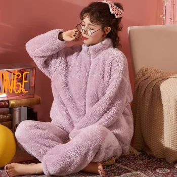 

Autumn Winter Sweet Women Pajamas Long-sleeve Cardigan Zipper Solid Top Pants Two Piece Loose Plus Velvet Warm Home Sleepwear