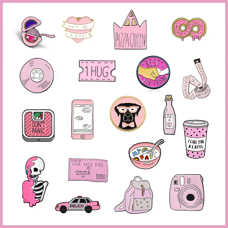 

Pink Cartoon Enamel Brooch Animal Dog Bag Wishing Bottle Cell Phone Weight Scale Badge Crown Round Heart Shape Pin Jewelry Gift