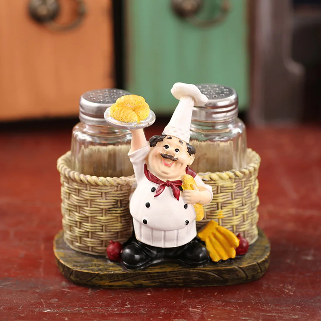 Cute Chef Statue Salt & Pepper Bottle Holder,Kitchen Cute Chef Ornaments,Home Decor Kitchen Resin Salt Shaker Crafts