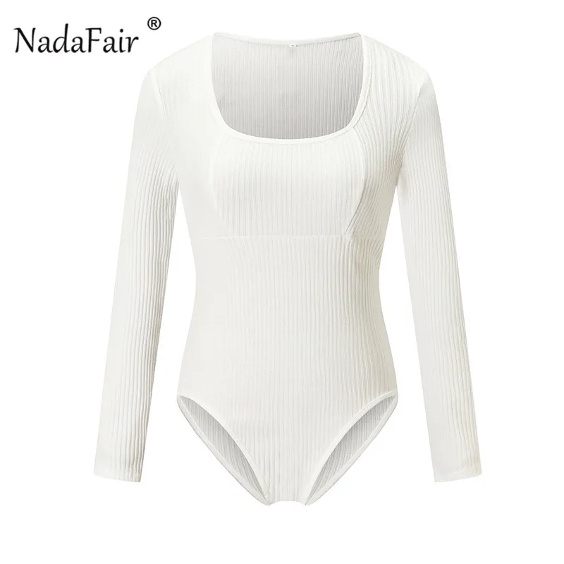 Nadafair, белый, длинный рукав, боди для женщин, в рубчик, вязанный, зимний, боди для женщин, квадратный воротник, боди для женщин