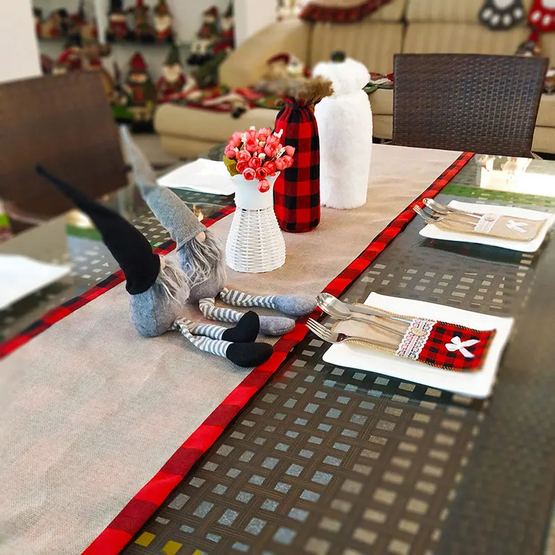 1pc De Noel Table Decorations Cotton Linen Black Red Grid Tablecloth Christmas Home Dinner Party Ornament New Year