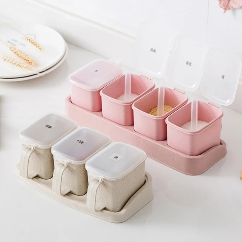 

Storage Boxes Salt Spice Rack Set Healthy Kitchen Seasoning Cans Wheat Straw Spice Jar Household Food Pepper Container