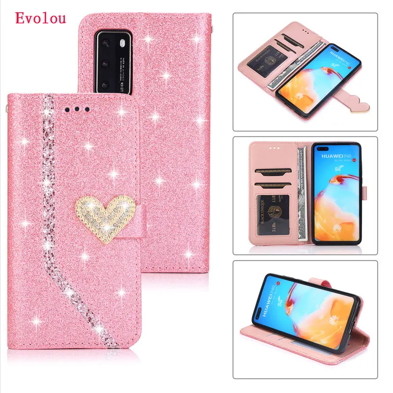 Блестящий чехол из искусственной кожи с бриллиантами для P40 Lite P30 P20 Pro P10 P9 P8 2017 Mate 10