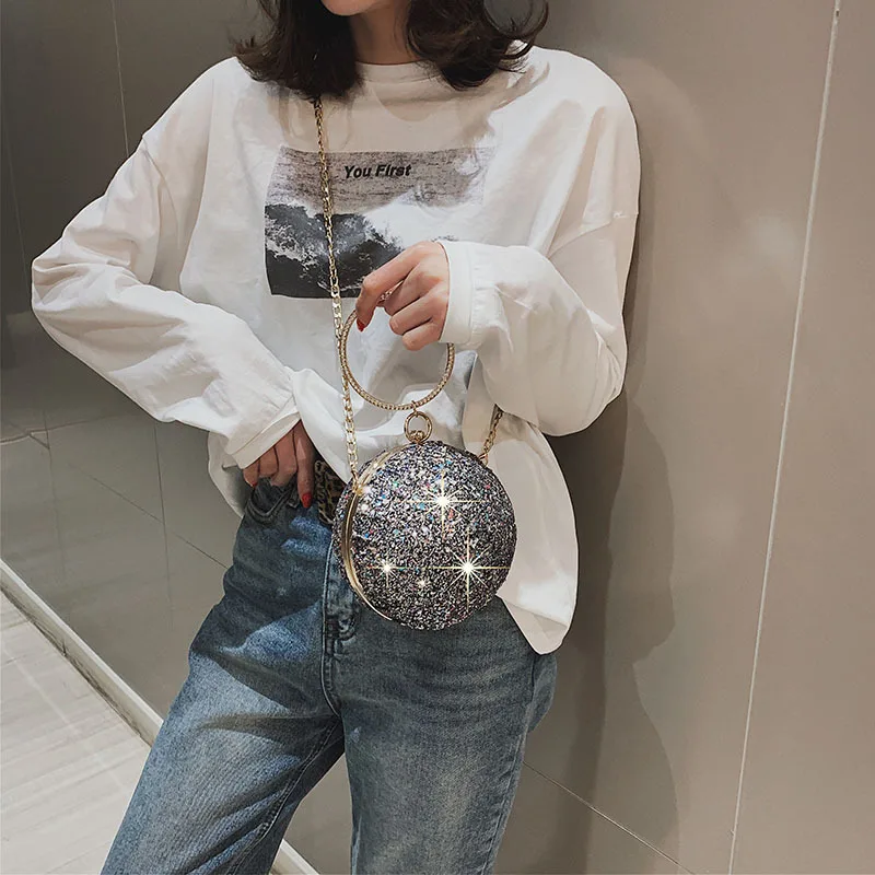 2022 Women Evening Day Clutch Colorful Crystal Diamonds Round Ball Shaped Clutches Lady Handbag Wedding Purse Chain Shoulder Bag