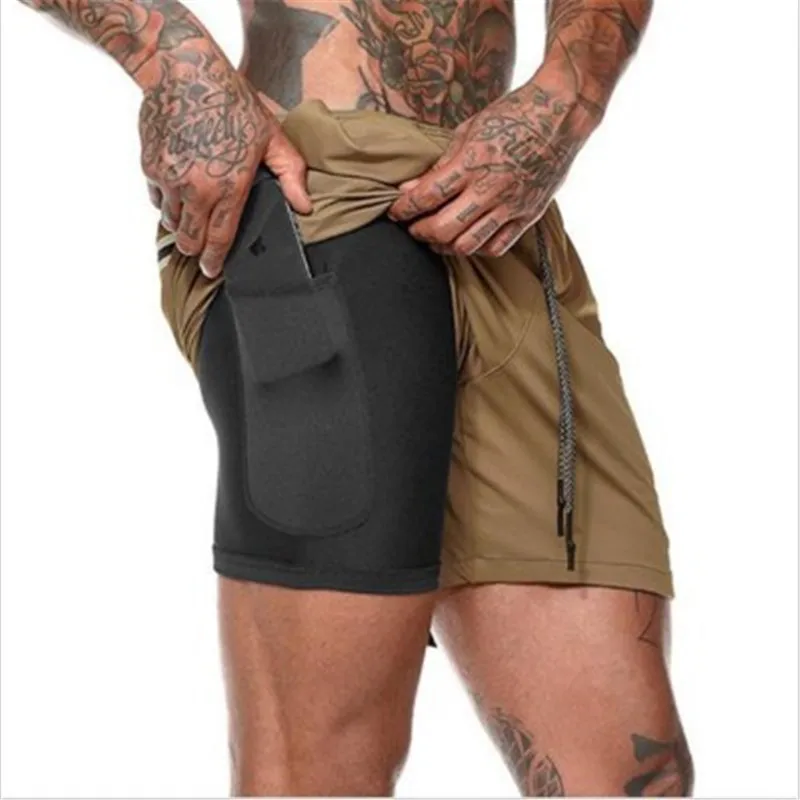 

2019 New Men's Running Shorts Mens 2 in 1 Sports Shorts Male double-deck Quick Drying Solid color Shorts Jogging Gym Shorts