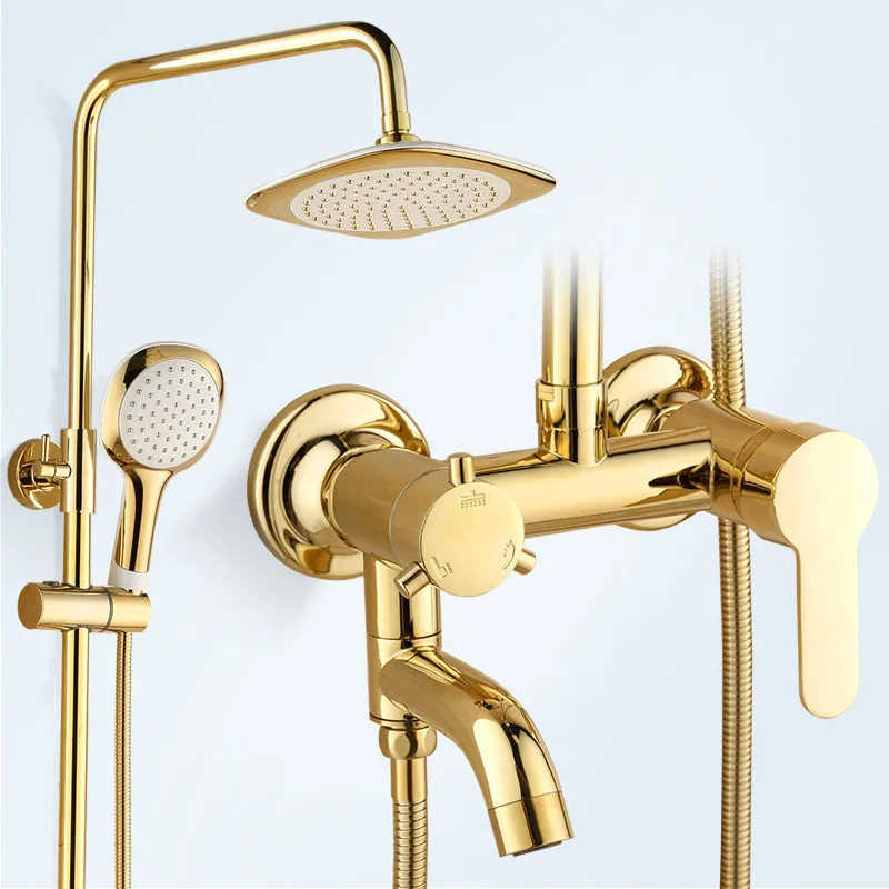 Роскошная золотая Душевая система для ванной комнаты, латунное покрытие, набор для душа для ванной, Настенный Круглый душевой набор