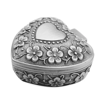 

Classic Vintage Antique Heart Shape Jewelry Box Ring Small Trinket Jewellery Storage Organiser Chest Christmas Gift, Silver