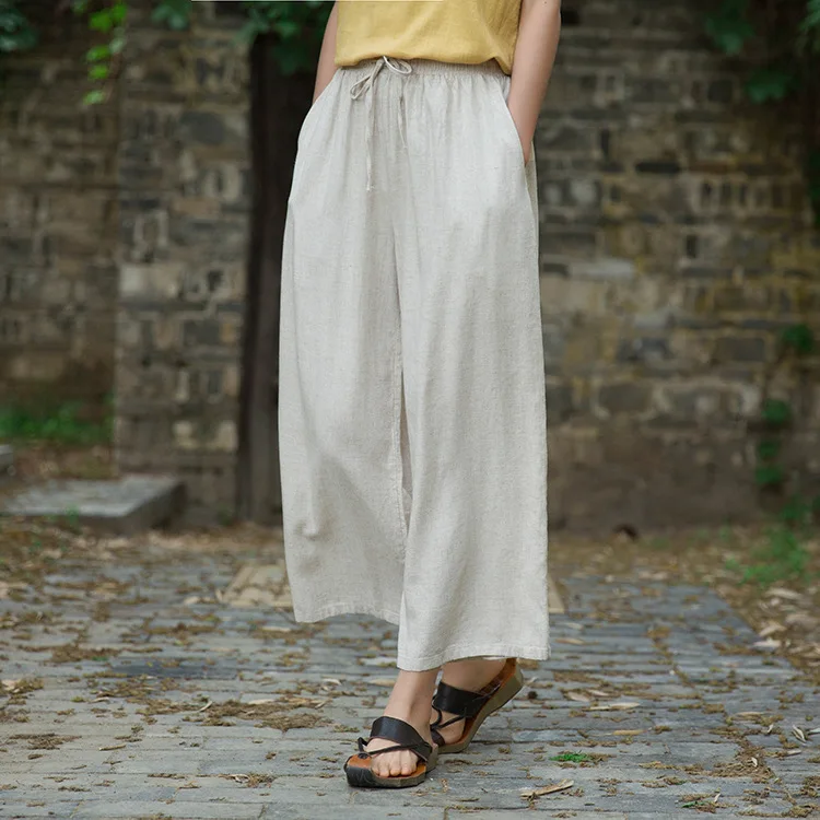 Johnature 2020 Autumn Women New Retro Elastic Waist Cotton Linen Lace Up Wide Leg Pants Loose Casual All-match Ankle-length Pant