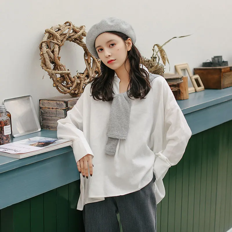 

Shawl-style Stitching Fake Two-piece Shirt Female Autumn New 2019 Casual V-neck Long-sleeved Korean Style Loose Women's Shirt