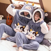 Women Man Pajamas Couple Hoodie Pajamas Suit Winter Thicken Clothes Adult Cartoon Dinosaur Cute Sleepwear