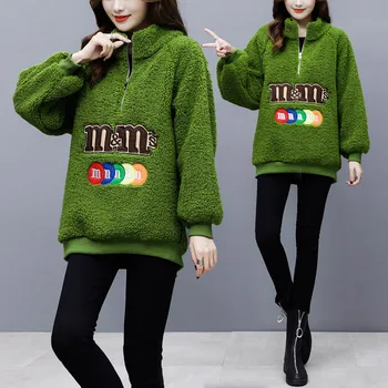 

Lamb Mao Wei Yi Female Loose Top Bf Half Pull Chain Gao Collar Medium Length Money Women's Wear Coat Chao