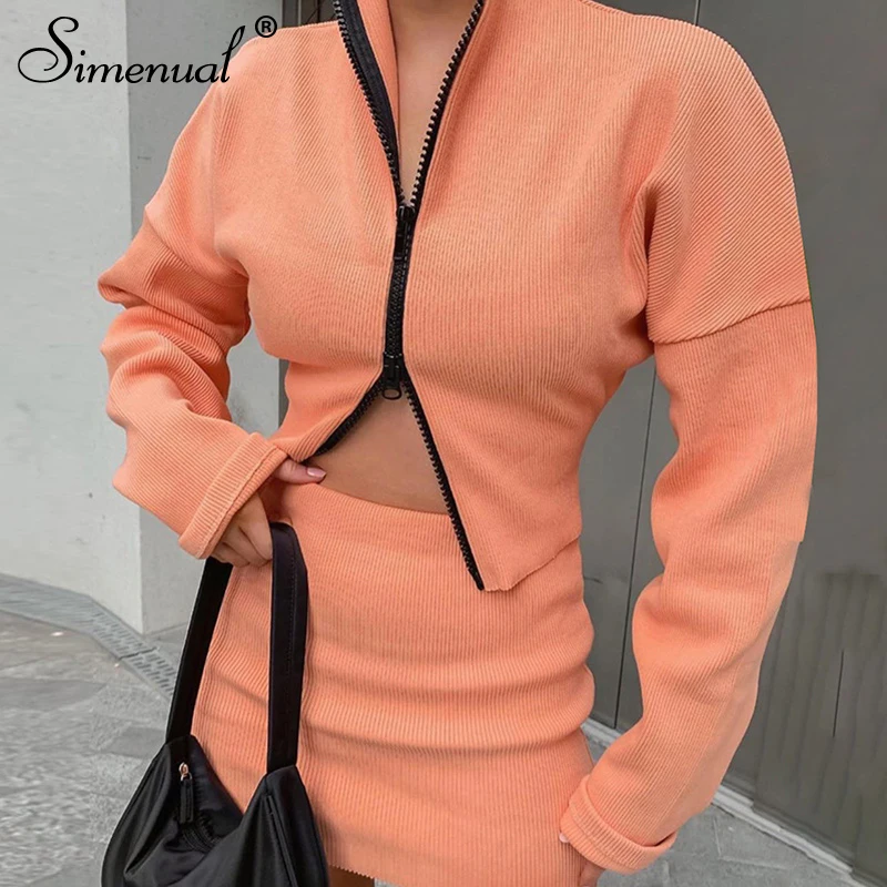 Simenual Ribbed Knitted Zipper Fashion Women Matching Sets Long Sleeve Bodycon Autumn Winter 2020 Top And Skirts 2 Piece Outfits Simenual Ribbed Knitted Zipper Fashion Women Matching Sets Long Sleeve Bodycon Autumn Winter 2020 Top And Skirts 2 Piece Outfits