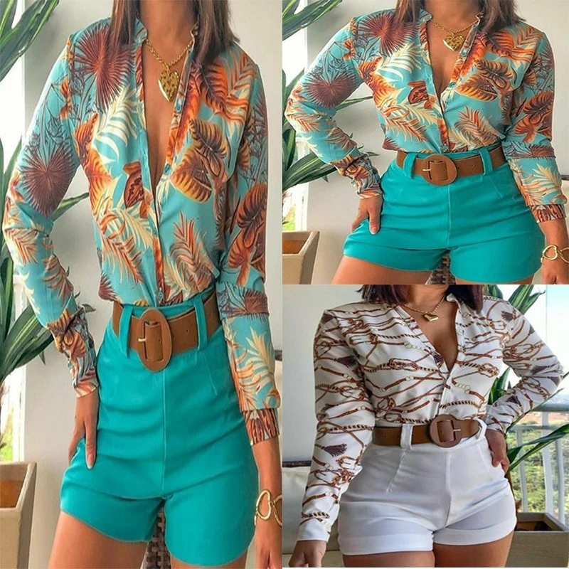 Shorts Sets Printed Stand-up Collar Shirts for Women Plus Size Sets Longsleeve Shirts Female High Waist Shorts 2021 Summer Suits blazer and pants set