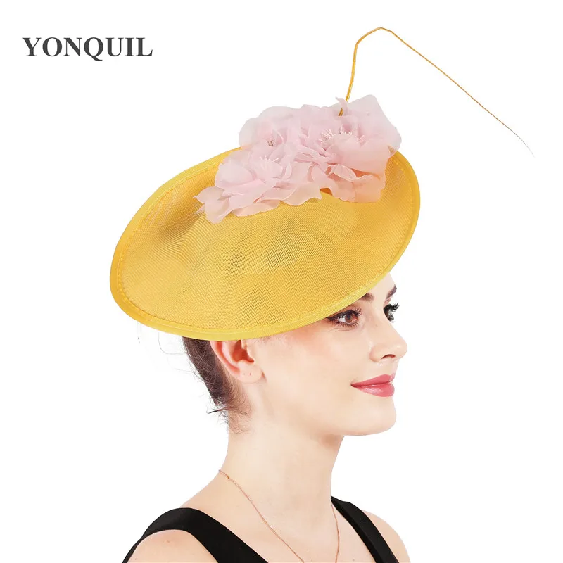Очаровательный с большим мехом для торжественного случая для kenducky красивые шляпы элегантные женские фетровая шляпка шерстяная Шапки нарядное с красивым цветочным рисунком женский головной убор заколки для волос - Цвет: yellow with pink