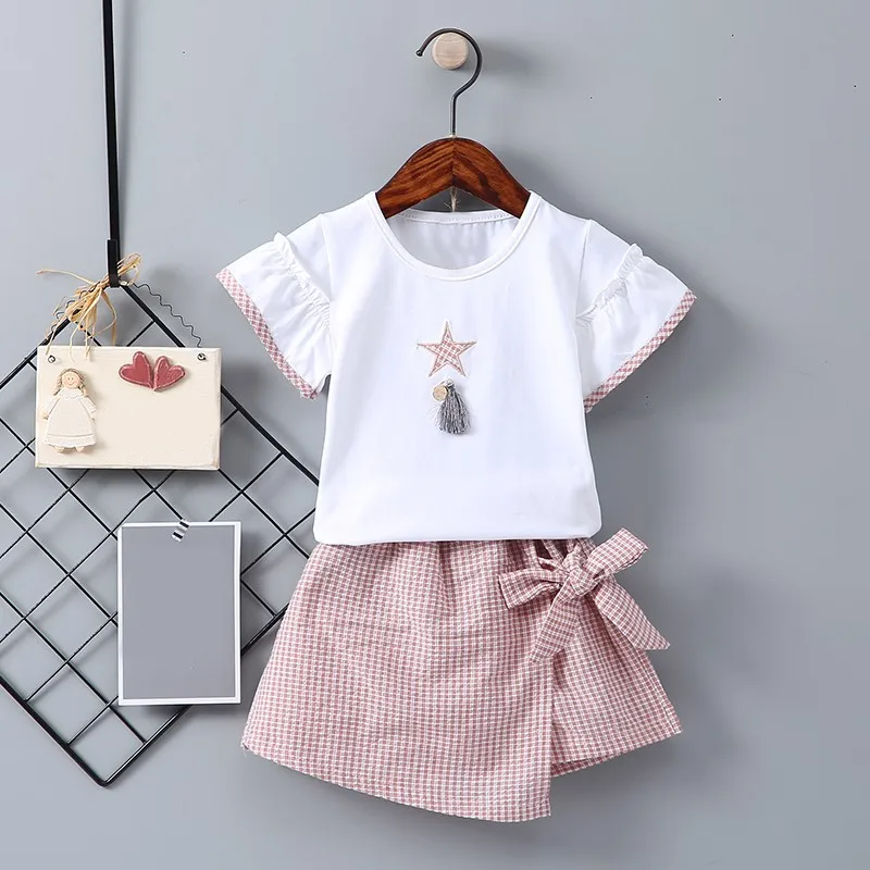Комплект летне-осенней одежды из 2 предметов для маленьких девочек, футболка с короткими рукавами с изображением мини-босса комплект из топа и кожаной юбки Детский костюм - Цвет: P