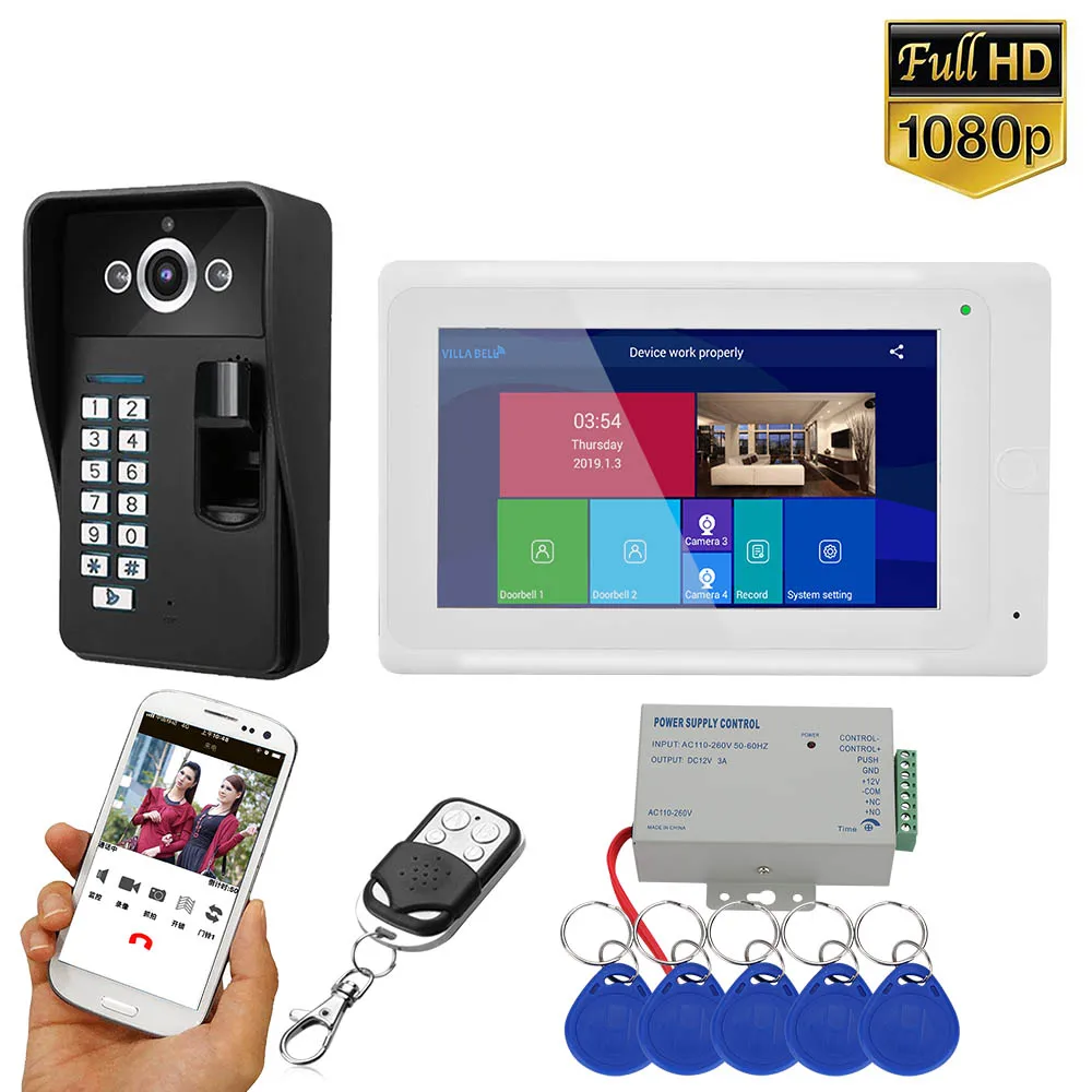 cheap 7 inch Wifi Wireless Fingerprint RFID Video Door Phone Doorbell Intercom System with Wired AHD 1080P Door Access Control Syste
