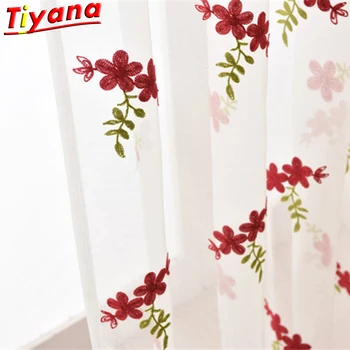 

3D Embroidery Red Flower Fabric Coffee Tulle Curtain for Living Room Translucidus Rural Window Drapes X-WP261#30