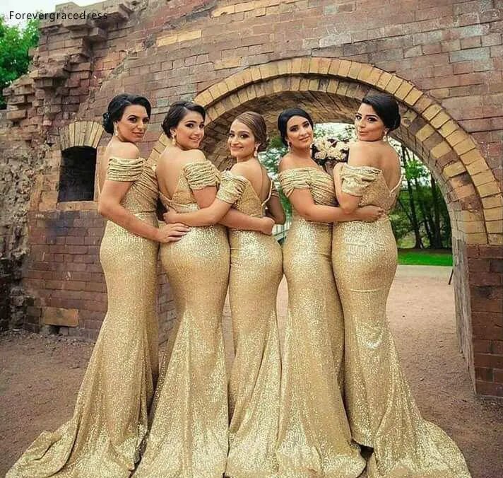Gold Sequined 2018 Cheap Bridesmaid Dresses Pleats Off Shoulder Mermaid Long Maid of Honor Gowns Prom Evening Wedding Guest Dress Plus Size 89