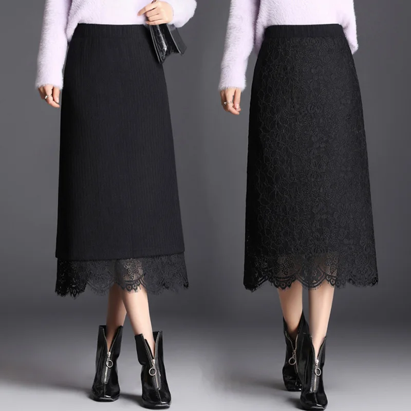 

Reversible Knit Lace Skirt Mid-length A- line Skirt Women's Autumn And Winter Skirt 2019 New Style High-waisted Skirt