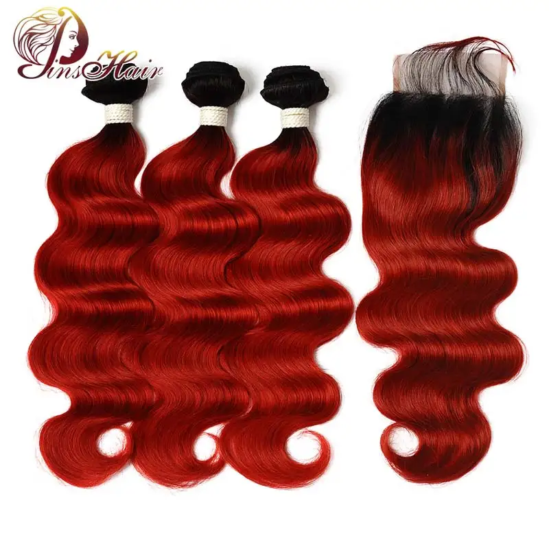 

Peruvian Human Hair Bundles With Closure Body Wave 3 Bundles With Closure T1B/Red Ombre Pinshair Nonremy Pre Plucked Hairline