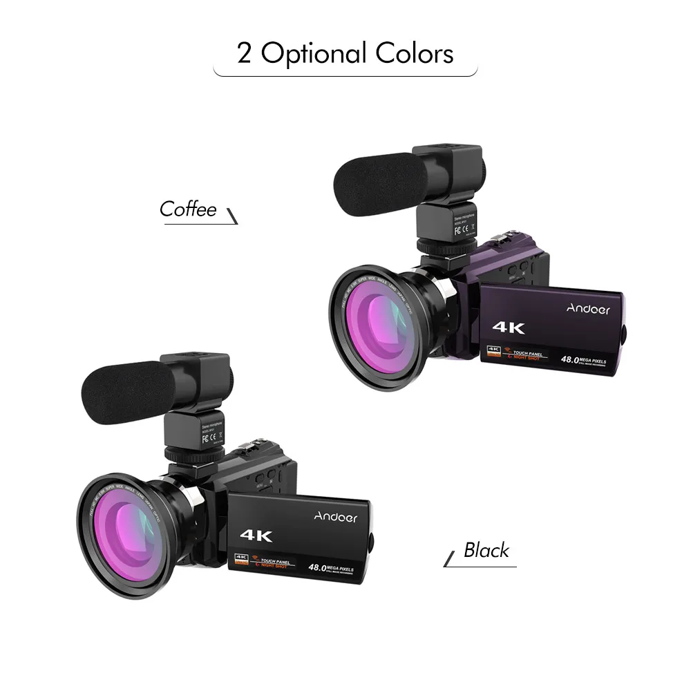 

4K Camcord 1080P 48MP WiFi Digital Video Camera with 0.39X Wide Angle Macro Lens+Microphone+LED Video Light+Camera Bag