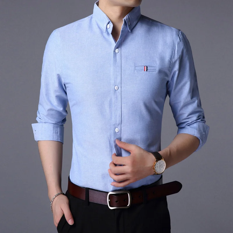Осень, новая модная брендовая дизайнерская мужская рубашка, приталенная рубашка с длинным рукавом на пуговицах, хлопок, повседневная мужская одежда - Цвет: Небесно-голубой