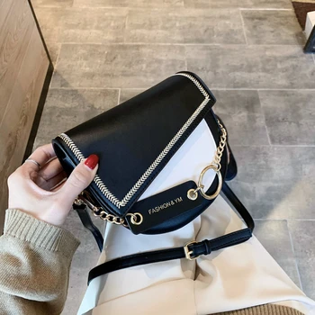 

Fashion Saddle Black Woman Shoulder Bag PU Leather Patchwork Chains Crossbody Versatile Bolsa Feminina Purses And Handbags Sac