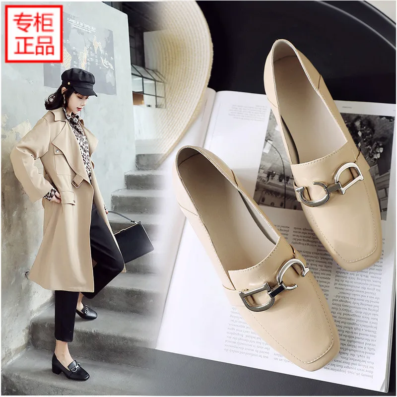 

2019 Spring New Style Genuine Leather Chunky-Heel Shoes WOMEN'S Shoes Retro Square Head Slip-on Step on with Semi-high Heeled La