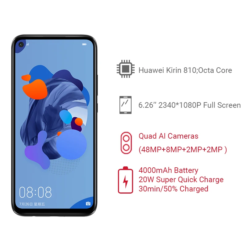Мобильный телефон huawei Nova 5I Pro, 8 ГБ, 128 ГБ, 6,26 дюймов, Kirin 810, четыре ядра, Поддержка Google play, отпечаток пальца, ID, 48MP, четырехъярусная камера