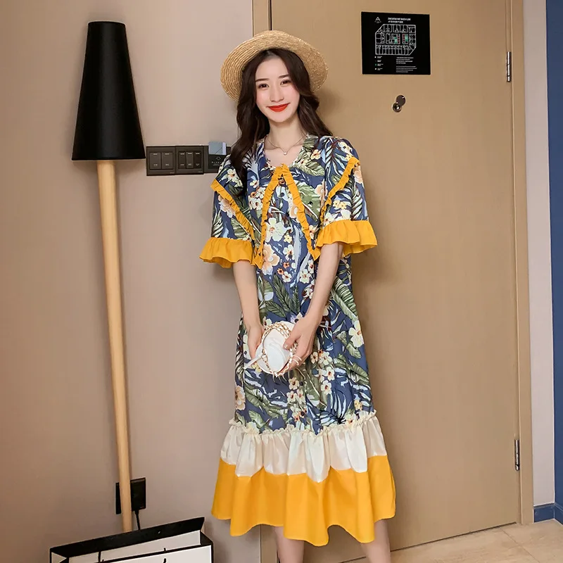 

2020 Spring And Summer New Style Floral Peter Pan Collar Pregnant Women Dress Mid-length Short Sleeve Fashion Loose Maternity Dr