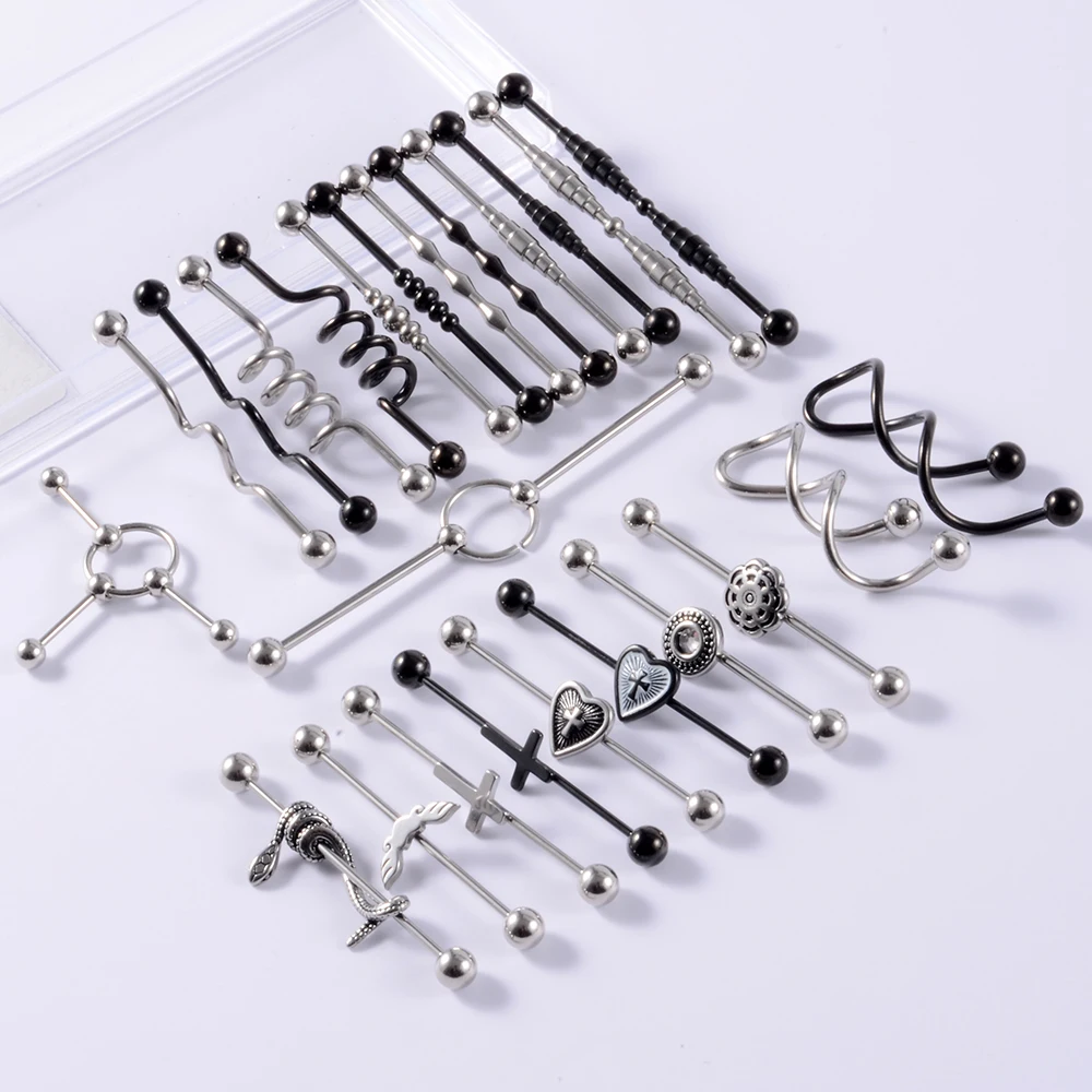 Surgical Steel Snake Industrial Barbell Ring Ear Nipple Straight Barbell Ring Cartilage Earring Helix Body Piercing Jewelry 1Pcs