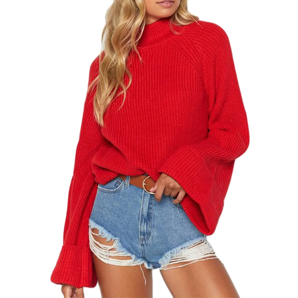 

Autumn Winter Women Sweaters Pullovers Solid Fashion Long Sleeve Loose Flare Sleeve Sweater Tops Round Collar Blouse