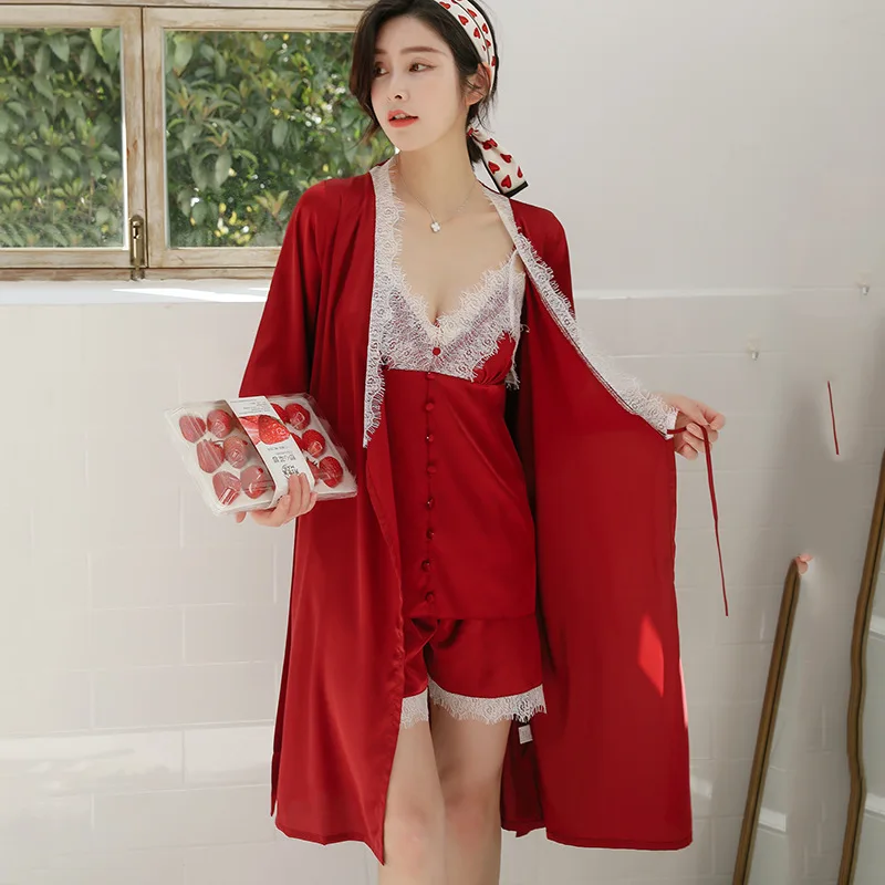 Высококачественный сексуальный кружевной пеньюар, костюм с v-образным вырезом и пуговицами, шорты на бретельках, длинный параграф, халат, свободные элегантные женские пижамы, комплекты из 3 предметов - Цвет: red