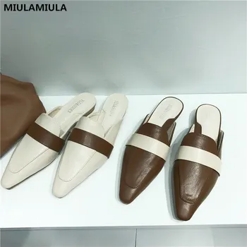 

MIULAMIULA Brand Designer 2020 Fashion Luxury Good Leather Shallow Pointed Toe Flat Slippers Mules Flip Flops Women Shoes Casual