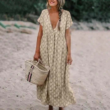 

Women Long Maxi Dress 2020 Summer Dot Print Boho Beach Dress Short Sleeve V-Neck Party Dress Tunic Vestidos Plus Size