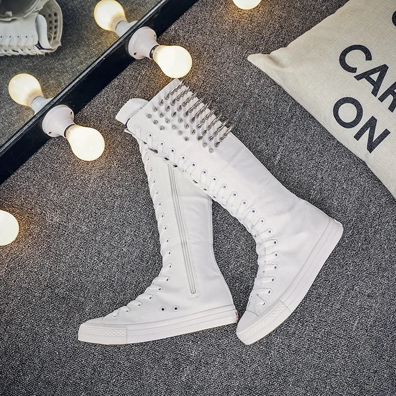 New Spring Autumn Women Shoes Canvas Punk Casual High Top Shoes Long Boots Lace-Up Zipper Comfortable Flat Boots Sneakers