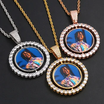 

New Custom Make Photos Rotating Double-sided Medallions Pendant Necklace AAA Cubic Zircon Tennis Chain for Men's Hip Hop Jewelry