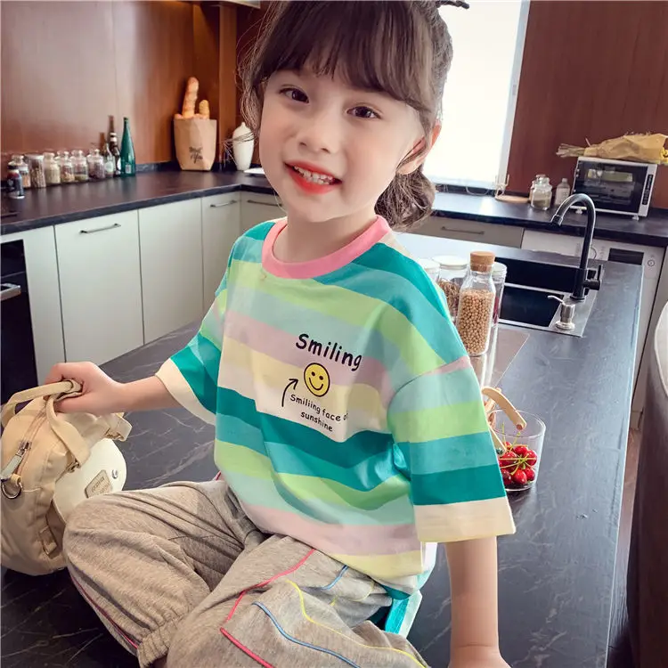 supreme shirt Girls short sleeve T-shirt summer smile face children's leisure half sleeve cotton t-shirts children's striped tees P5156 vintage t shirts