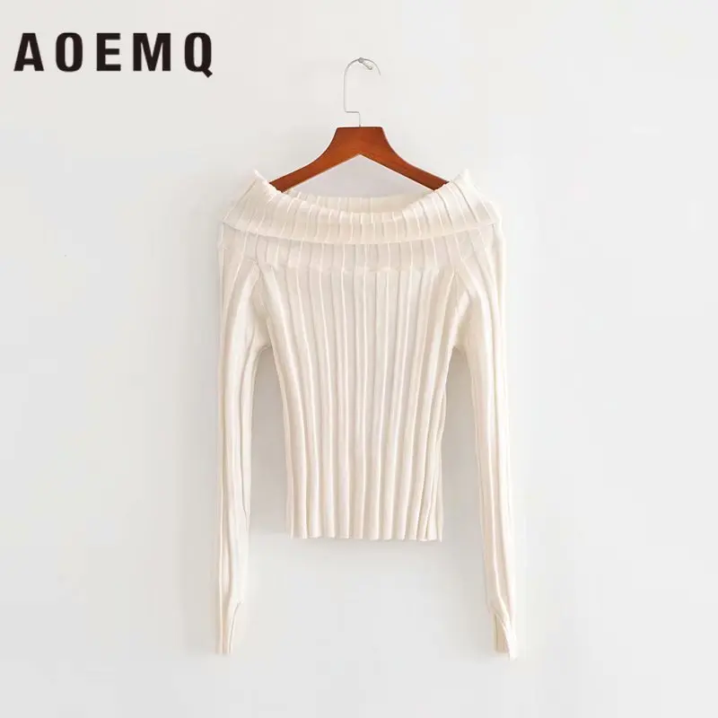 AOEMQ тонкий свитер однотонный Полосатый Белый облегающий с воротником-лодочкой