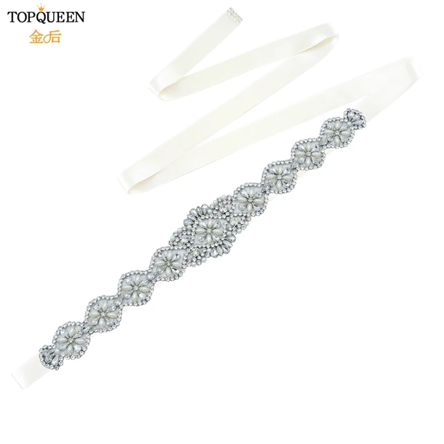 TOPQUEEN S161 Bridal Belts Wedding Women Jewelry Silver Rhinestone Pearl Crystal for Sparkly Party Formal Dress Diamond Sash off white Ribbon