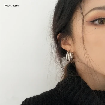 

HUANZHI 2019 New Trend Personality Multi-layer Superimposed Three Floors Irregular Curve Metal Earrrings for Women Party Gift