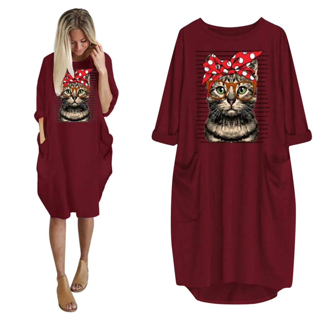 Cat Long Dress Women Plus Size 3XL O-Neck платье Summer Fashion HOT Long Sleeve Printed Short Mini Autumn A-Line Dress Wholesale