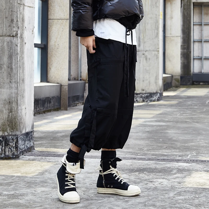 

Ribbon Splice Loose Casual Leg Pan Male Japan Streetwear Hip Hop Gothic Punk Harem Trousers Kimono Skirt Pant Men Erkek Pantolon