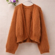 Топ mujer femme толстые короткие топы прошитой подошве; теплые зимние плюшевые Тапочки волосатые норковые кашемировые кардиганы Ангорский Кролик Мех вязаная куртка, пальто, свитер